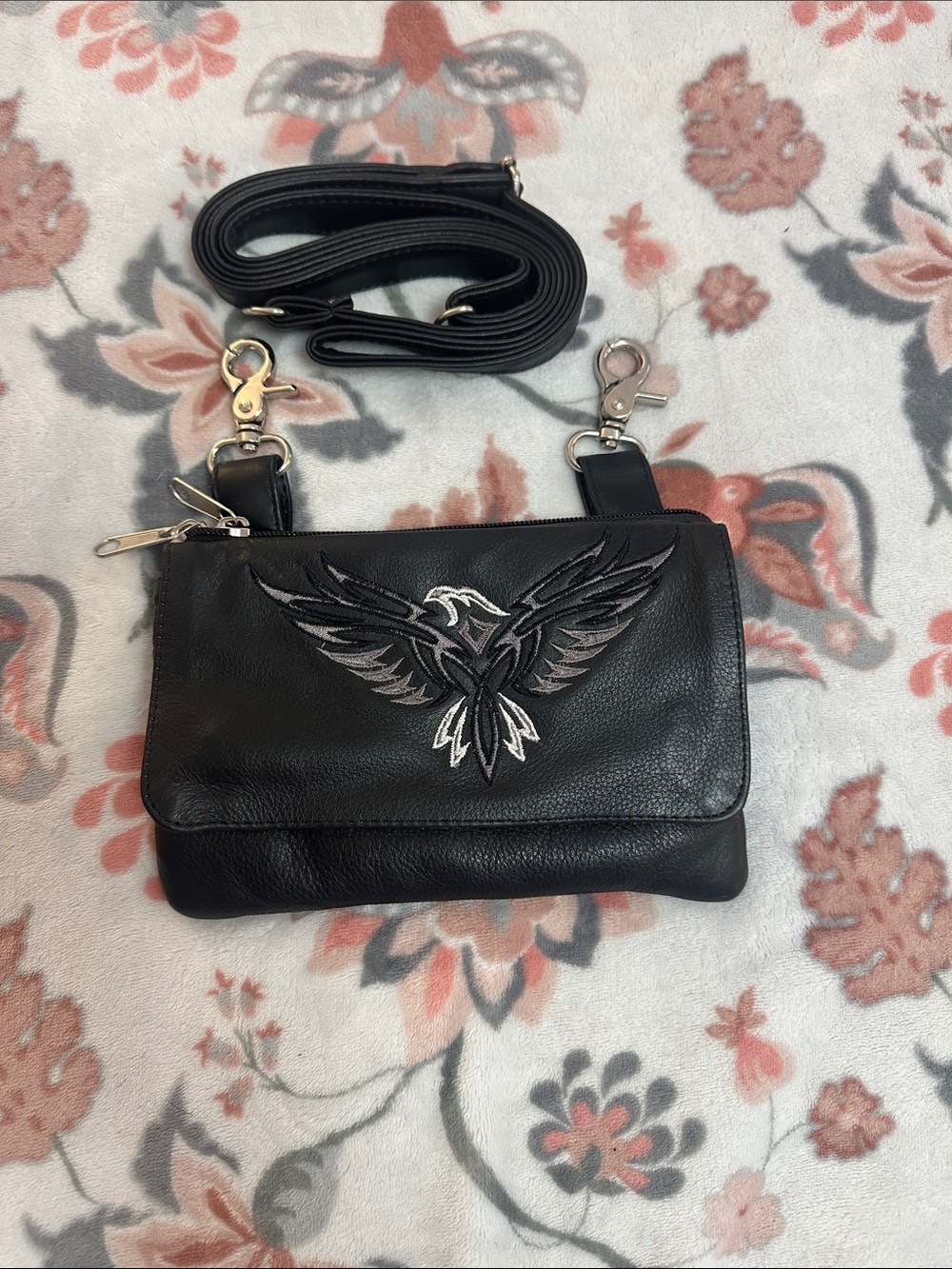 Leather Motorcycle clip pouch with Embroidered Eagle Accent